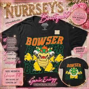 Super Mario Bowser Graphic Tee Black Medium Nintendo Double Sided NWOT